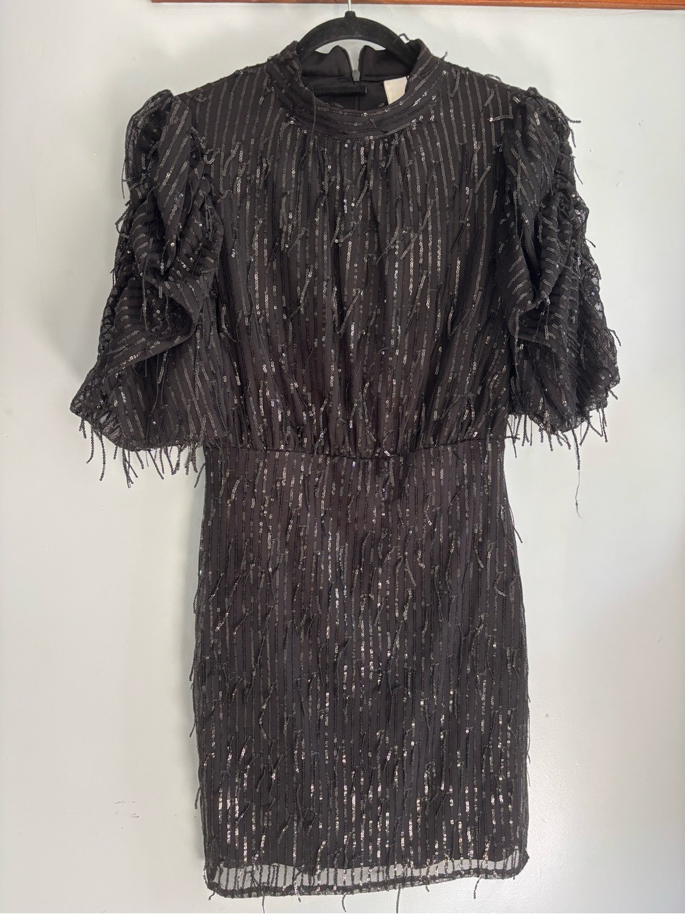 Y.A.S. Black Sequin Fringe Puff-Sleeve Cocktail Dress